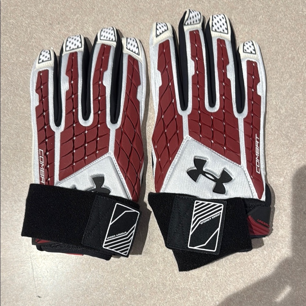 Under Armour White and Burgundy Football Gloves